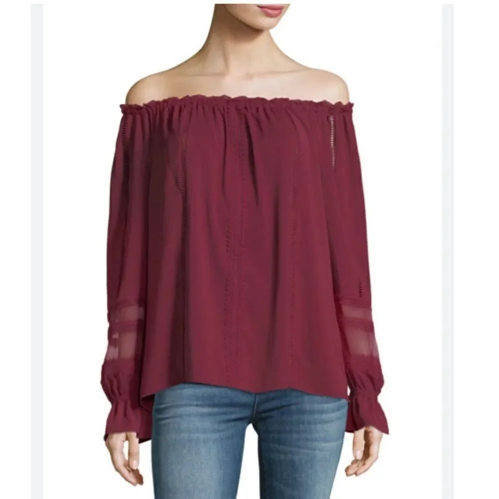 Ramy Brook Thea Off the Shoulder Long Sleeve Chiffon Blouse Top in Burgundy XS